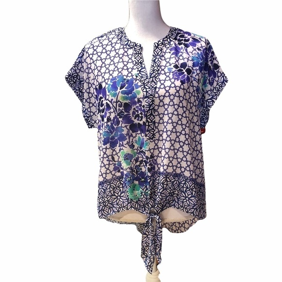 CHICOS - WOMENS BLUE FLORAL BLOUSE SIZE 1 - Picture 1 of 10